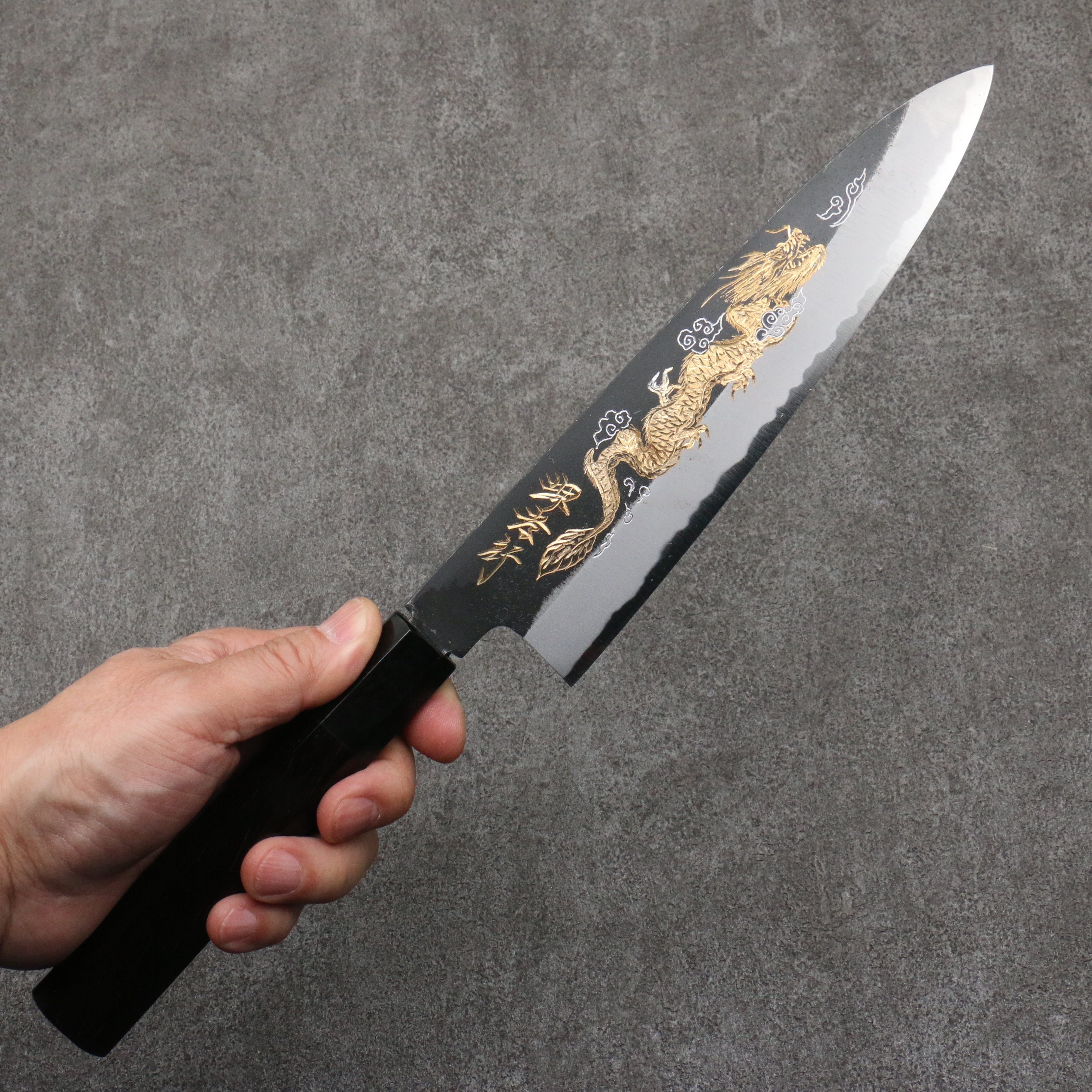 Sakai Takayuki Gold Filled Engraving by Kubota Unryu White Steel No.2 Black Finished Gyuto 210mm Ebony Wood Handle - Japanny - Best Japanese Knife