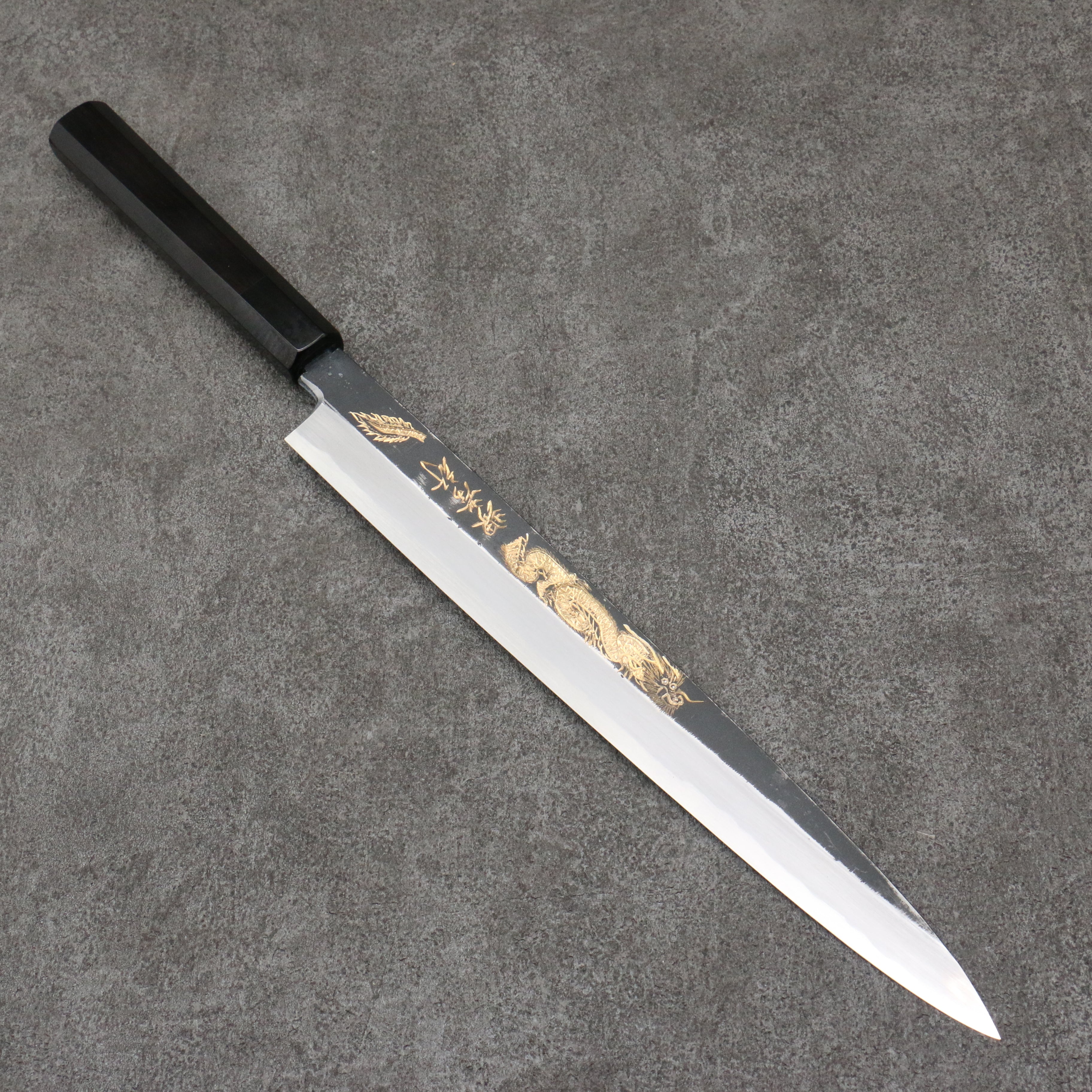 Sakai Takayuki Gold Filled Engraving by Kubota Shouryu White Steel No.2 Black Finished Yanagiba 300mm Ebony Wood Handle - Japanny - Best Japanese Knife