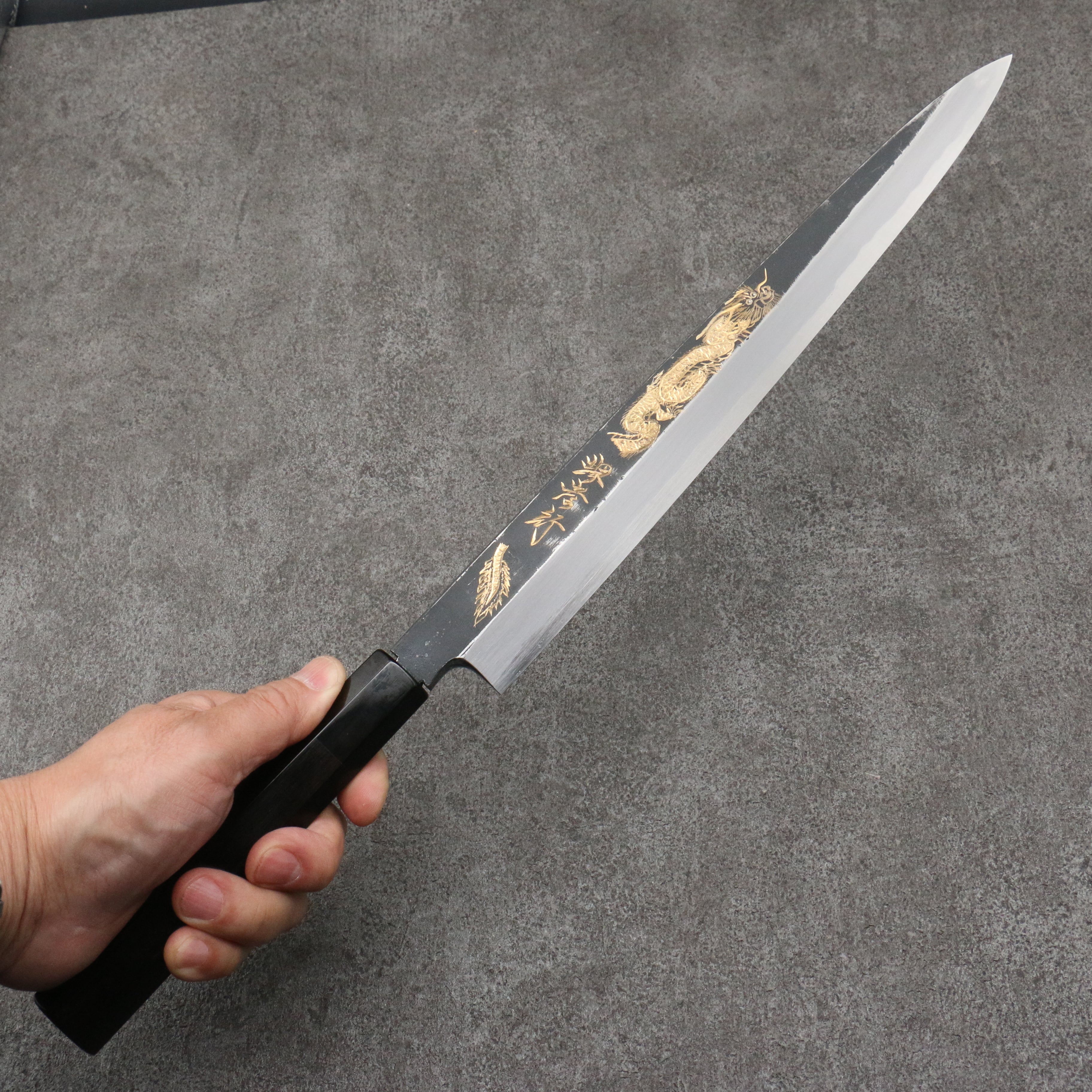 Sakai Takayuki Gold Filled Engraving by Kubota Shouryu White Steel No.2 Black Finished Yanagiba 300mm Ebony Wood Handle - Japanny - Best Japanese Knife