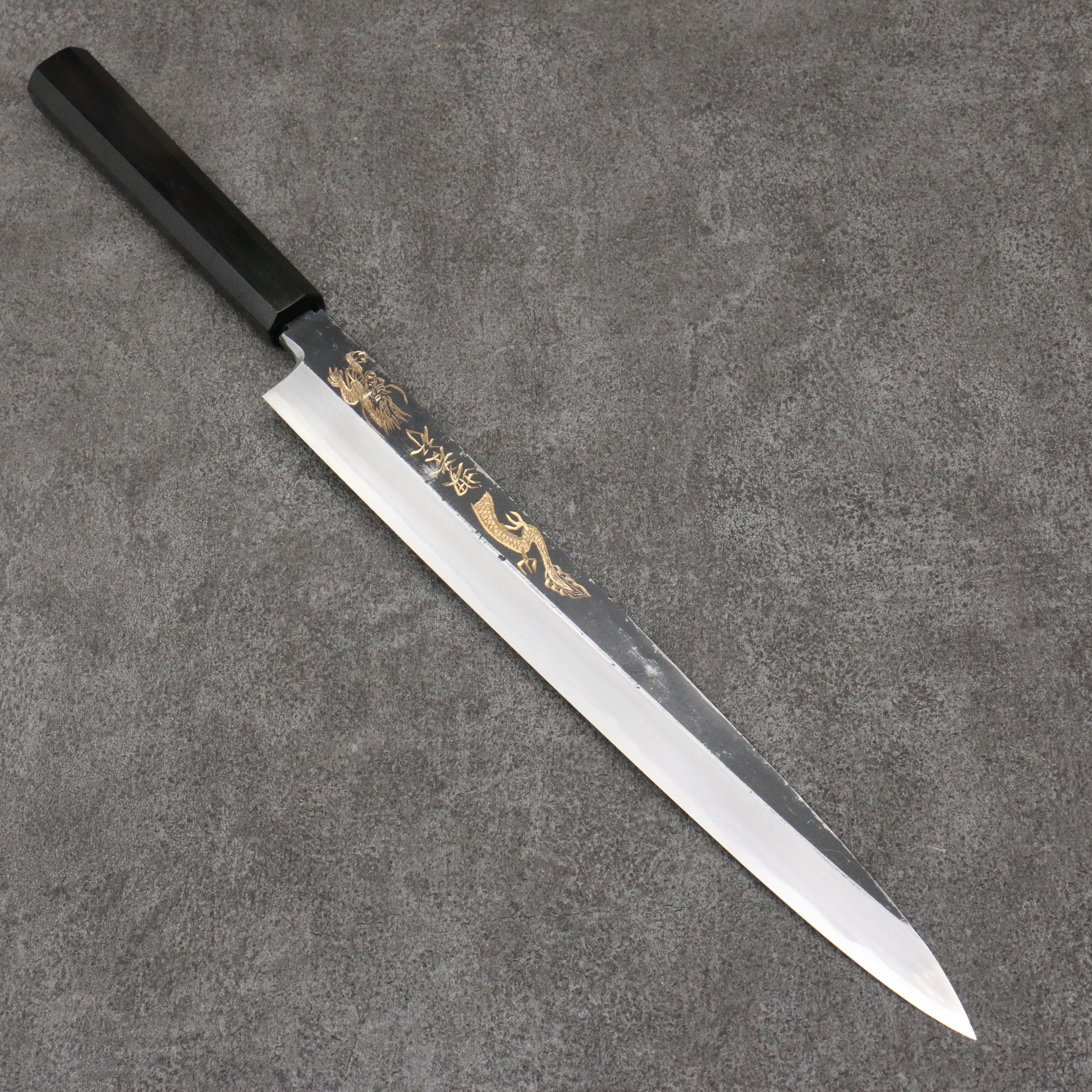 Sakai Takayuki Gold Filled Engraving by Kubota Kinryu White Steel No.2 Black Finished Yanagiba 300mm Ebony Wood Handle - Japanny - Best Japanese Knife