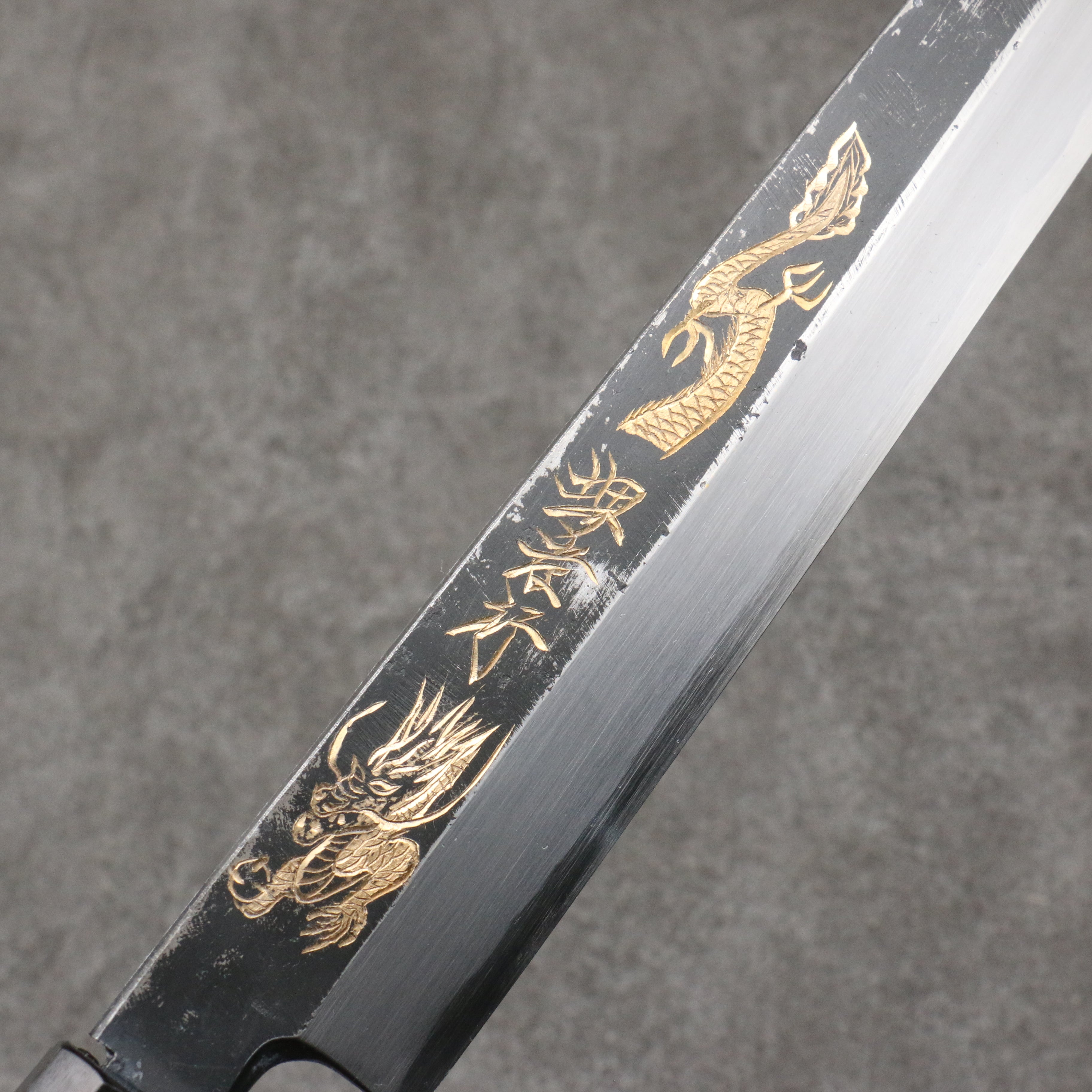 Sakai Takayuki Gold Filled Engraving by Kubota Kinryu White Steel No.2 Black Finished Yanagiba 300mm Ebony Wood Handle - Japanny - Best Japanese Knife