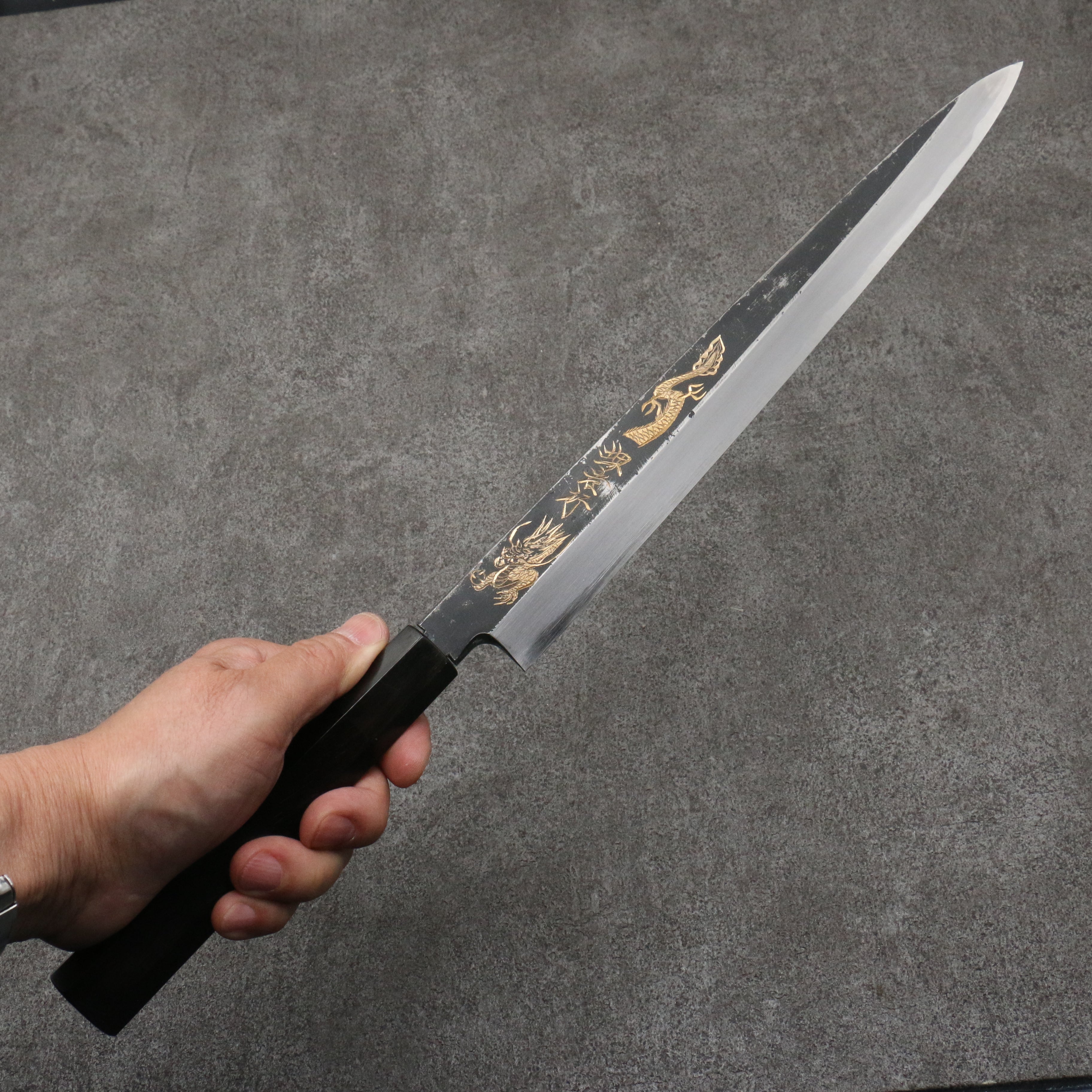 Sakai Takayuki Gold Filled Engraving by Kubota Kinryu White Steel No.2 Black Finished Yanagiba 300mm Ebony Wood Handle - Japanny - Best Japanese Knife