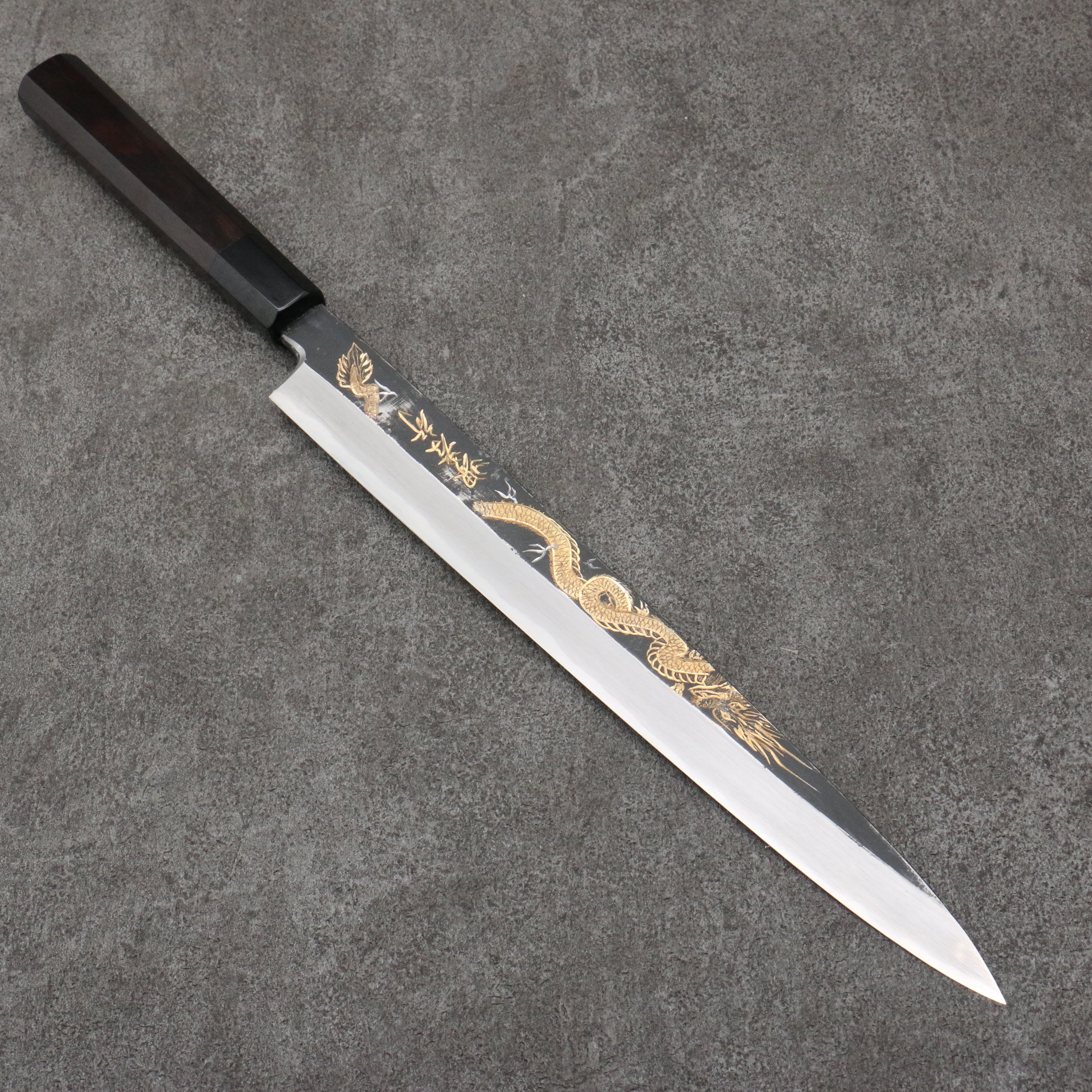 Sakai Takayuki Gold Filled Engraving by Kubota Tenryu White Steel No.2 Black Finished Yanagiba 300mm Ebony Wood Handle - Japanny - Best Japanese Knife