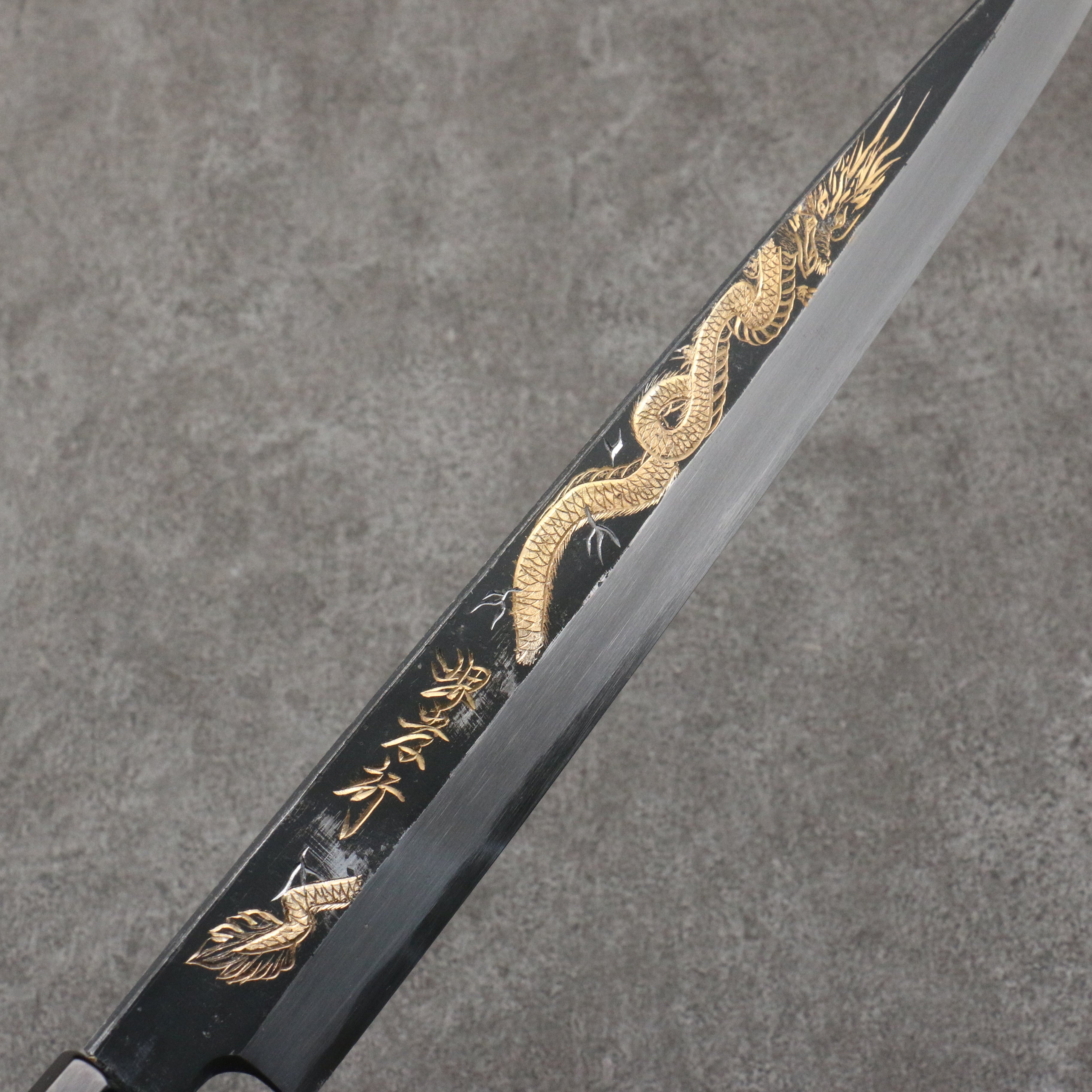 Sakai Takayuki Gold Filled Engraving by Kubota Tenryu White Steel No.2 Black Finished Yanagiba 300mm Ebony Wood Handle - Japanny - Best Japanese Knife