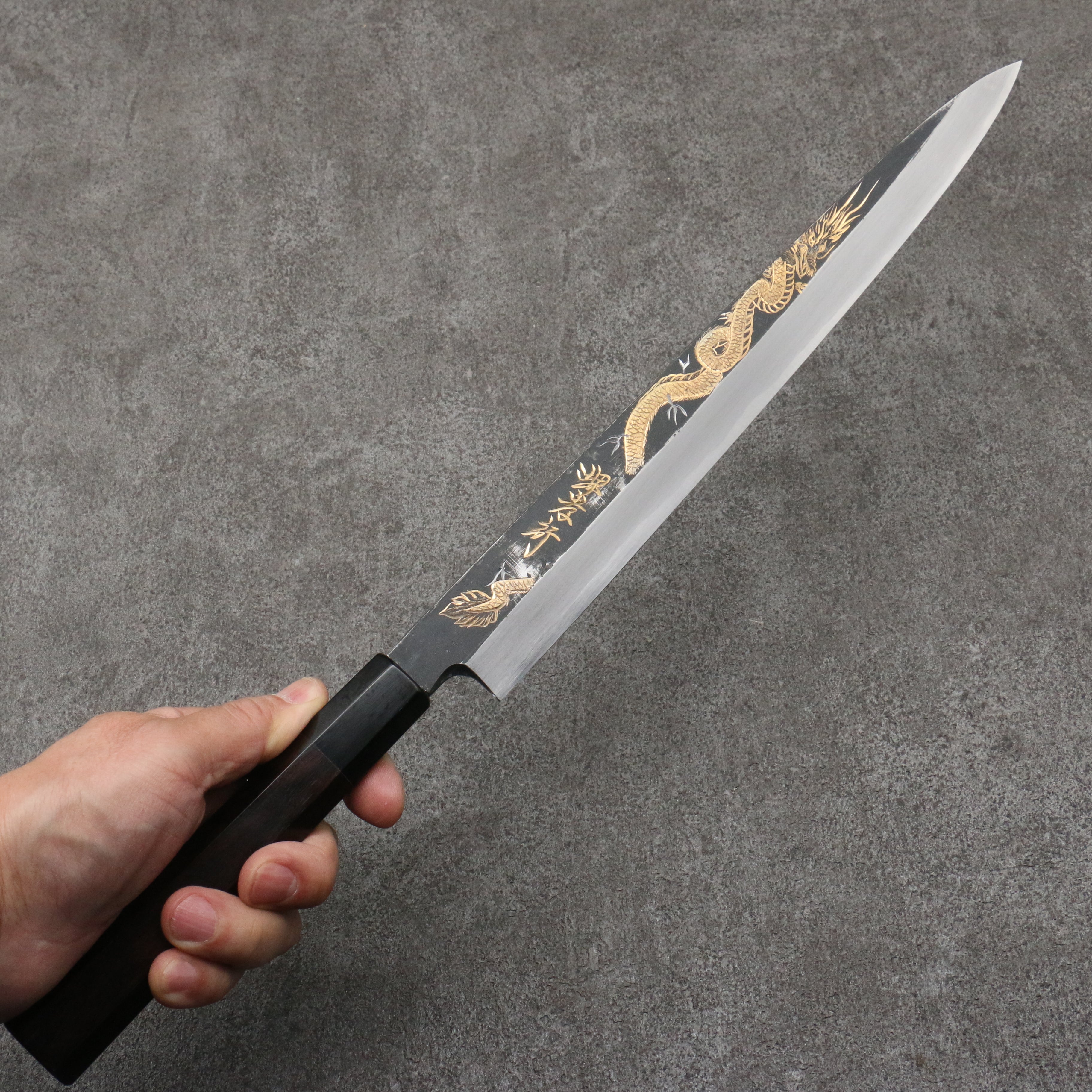 Sakai Takayuki Gold Filled Engraving by Kubota Tenryu White Steel No.2 Black Finished Yanagiba 300mm Ebony Wood Handle - Japanny - Best Japanese Knife