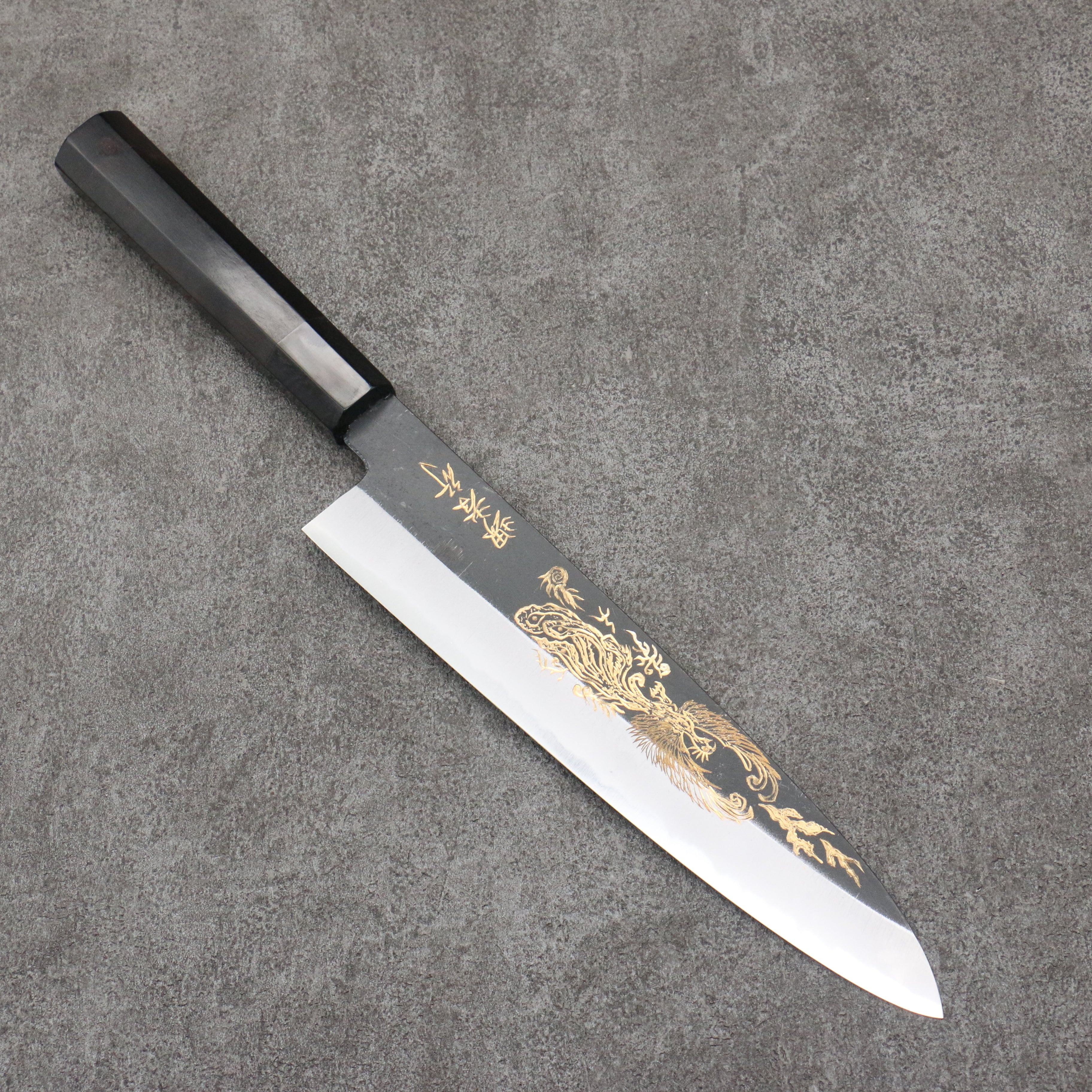 Sakai Takayuki Gold Filled Engraving by Kubota Houou White Steel No.2 Black Finished Gyuto 240mm Ebony Wood Handle - Japanny - Best Japanese Knife