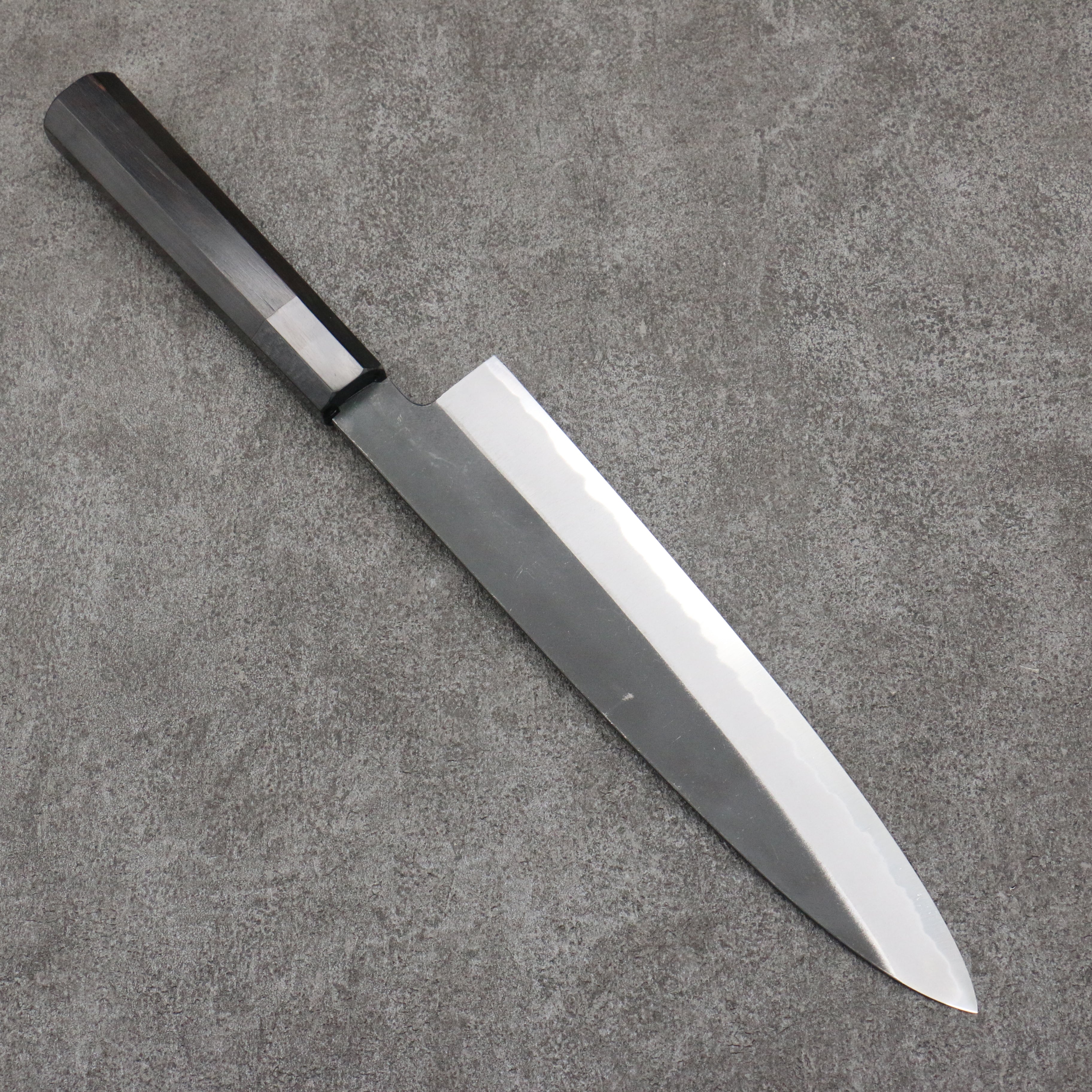 Sakai Takayuki Gold Filled Engraving by Kubota Gojunotou White Steel No.2 Black Finished Gyuto 240mm Ebony Wood Handle - Japanny - Best Japanese Knife