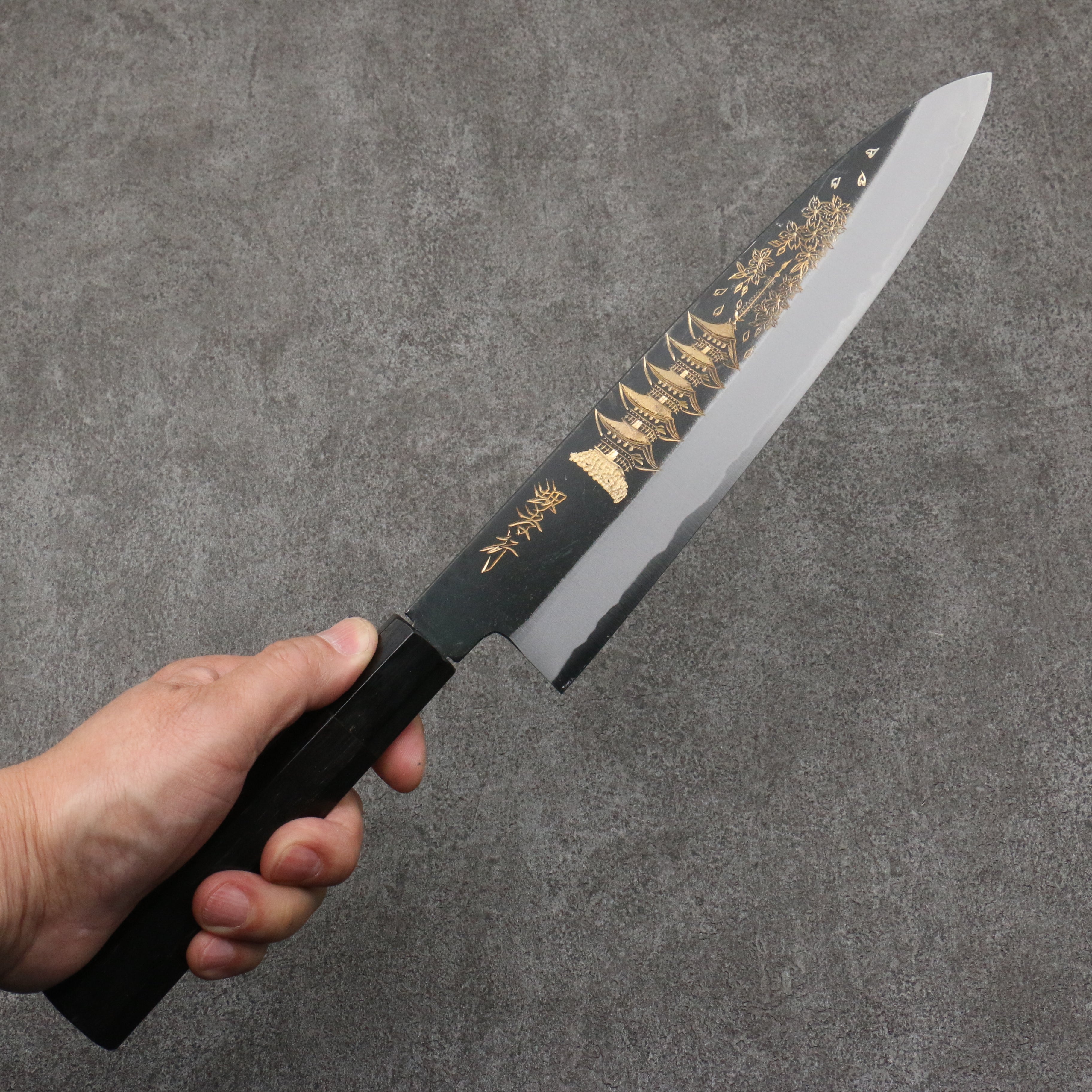 Sakai Takayuki Gold Filled Engraving by Kubota Gojunotou White Steel No.2 Black Finished Gyuto 240mm Ebony Wood Handle - Japanny - Best Japanese Knife