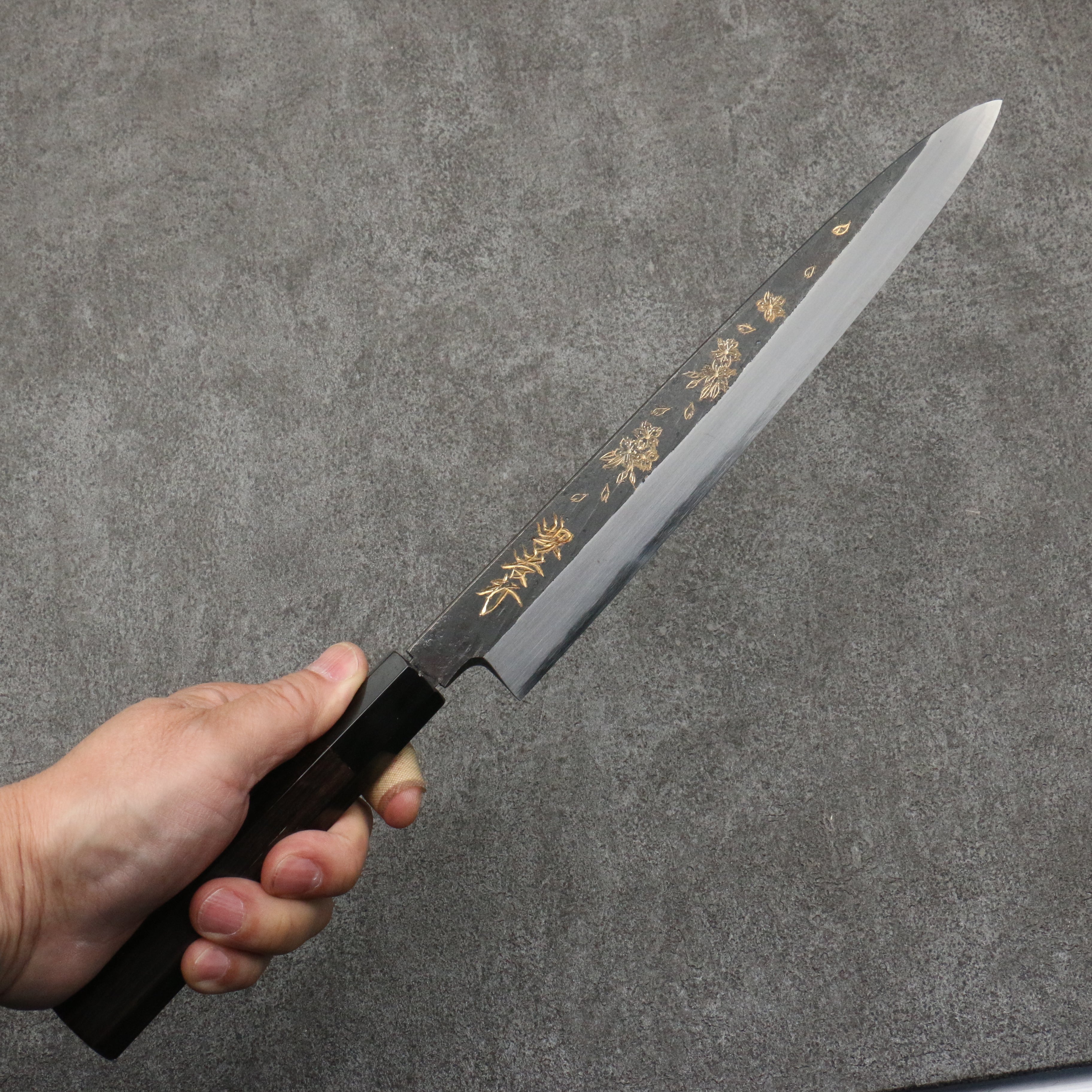 Sakai Takayuki Gold Filled Engraving by Kubota Sakura White Steel No.2 Black Finished Yanagiba 240mm Ebony Wood Handle - Japanny - Best Japanese Knife