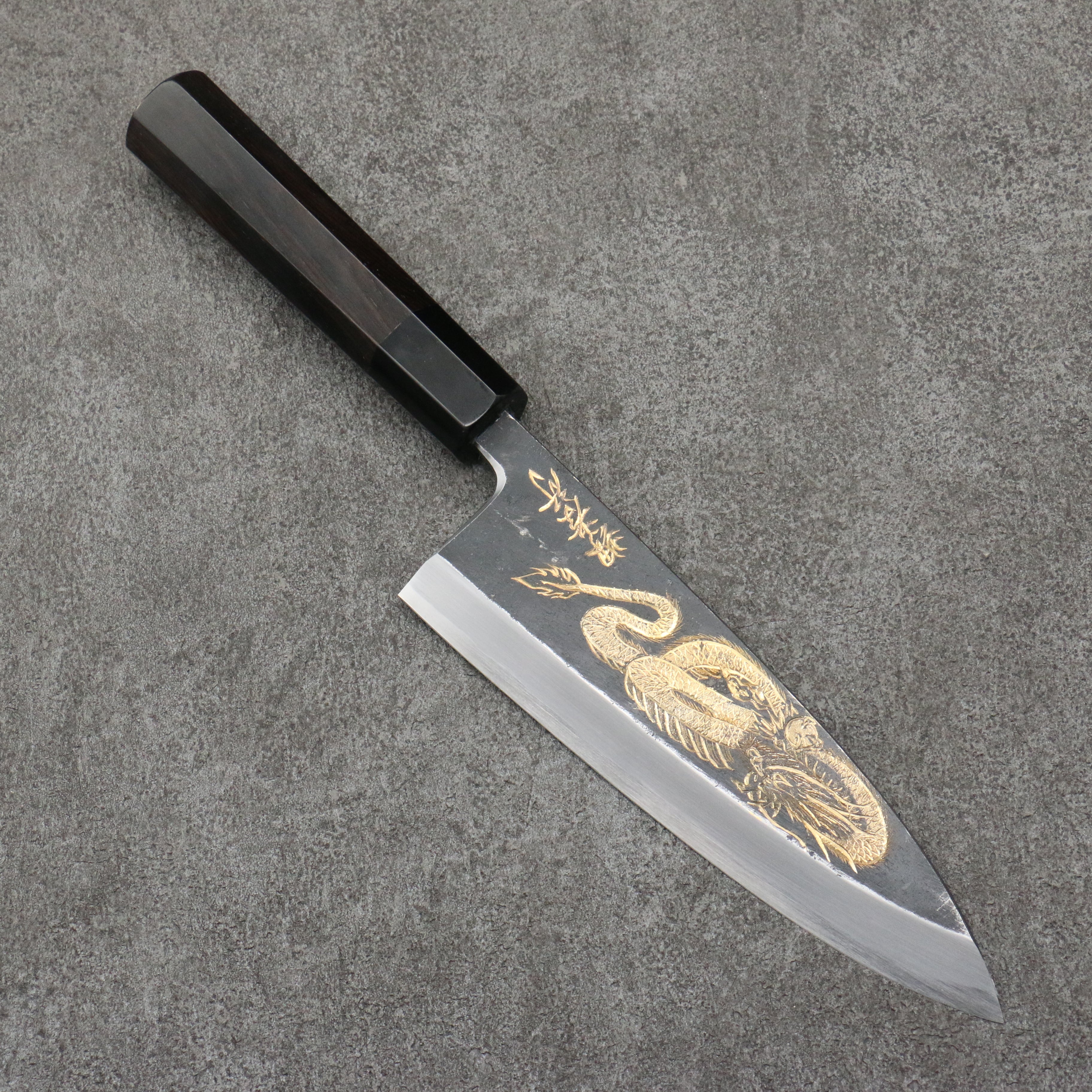Sakai Takayuki Gold Filled Engraving by Kubota Ittoryumon White Steel No.2 Black Finished Deba 180mm Ebony Wood Handle - Japanny - Best Japanese Knife