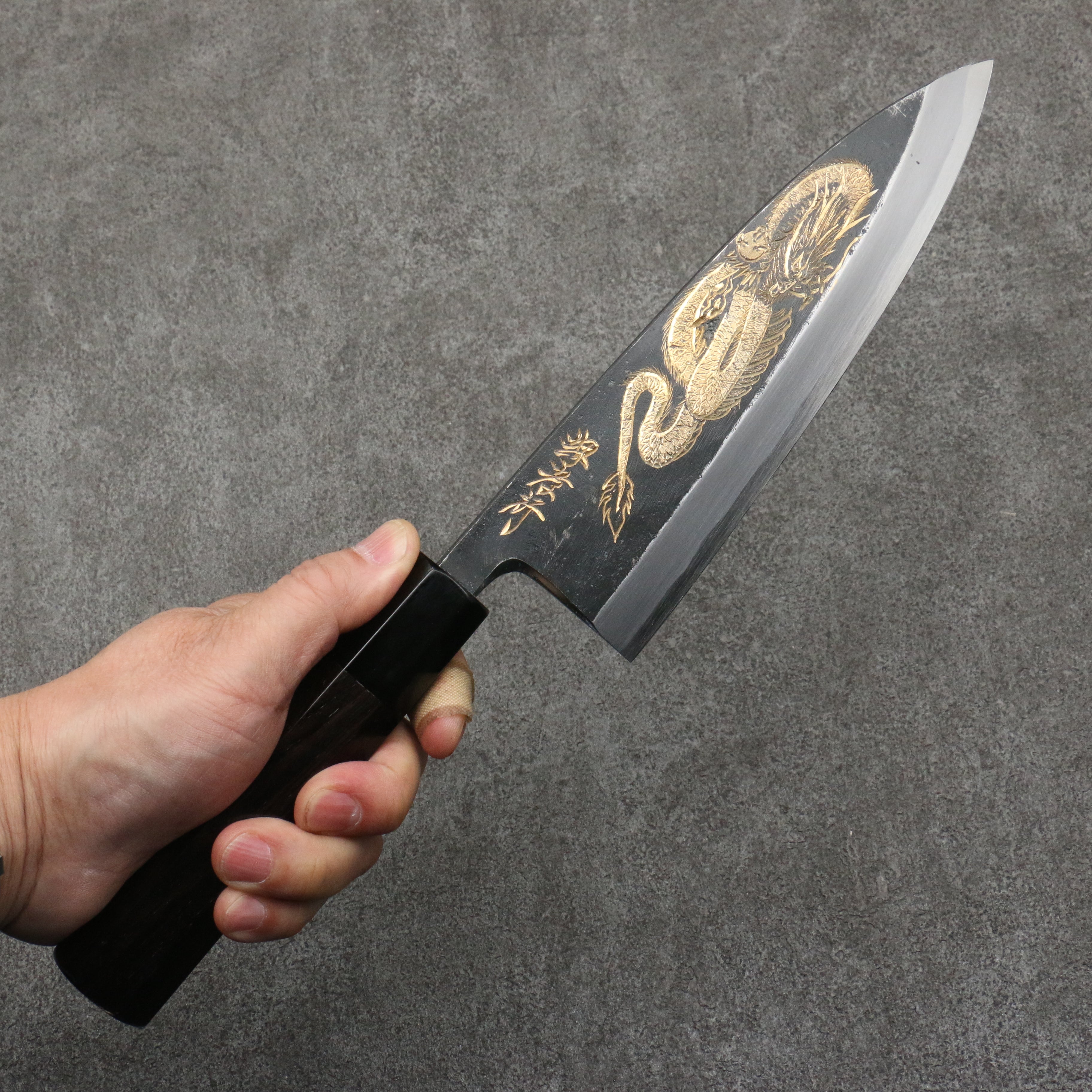 Sakai Takayuki Gold Filled Engraving by Kubota Ittoryumon White Steel No.2 Black Finished Deba 180mm Ebony Wood Handle - Japanny - Best Japanese Knife
