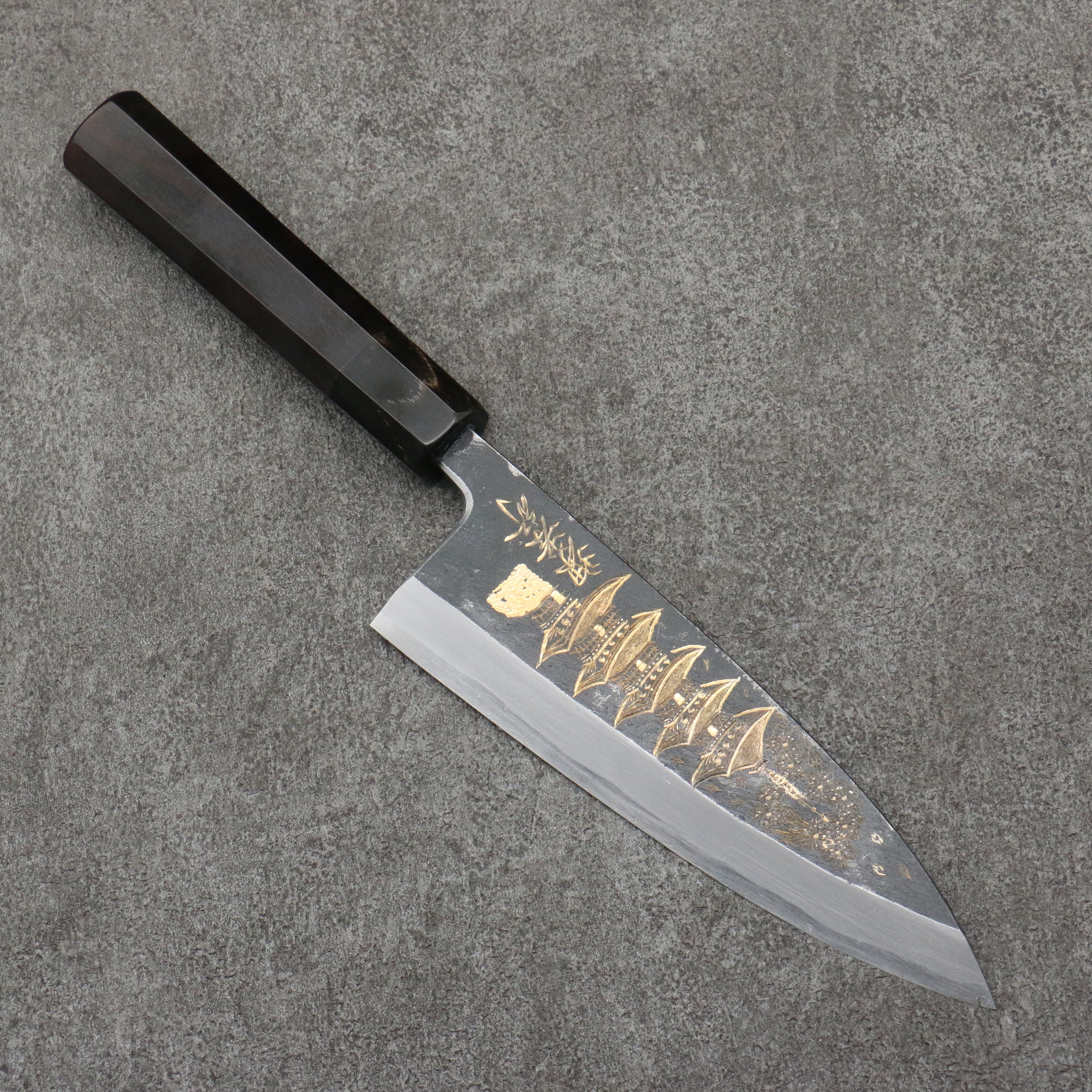 Sakai Takayuki Gold Filled Engraving by Kubota Gojunotou White Steel No.2 Black Finished Deba 165mm Ebony Wood Handle - Japanny - Best Japanese Knife