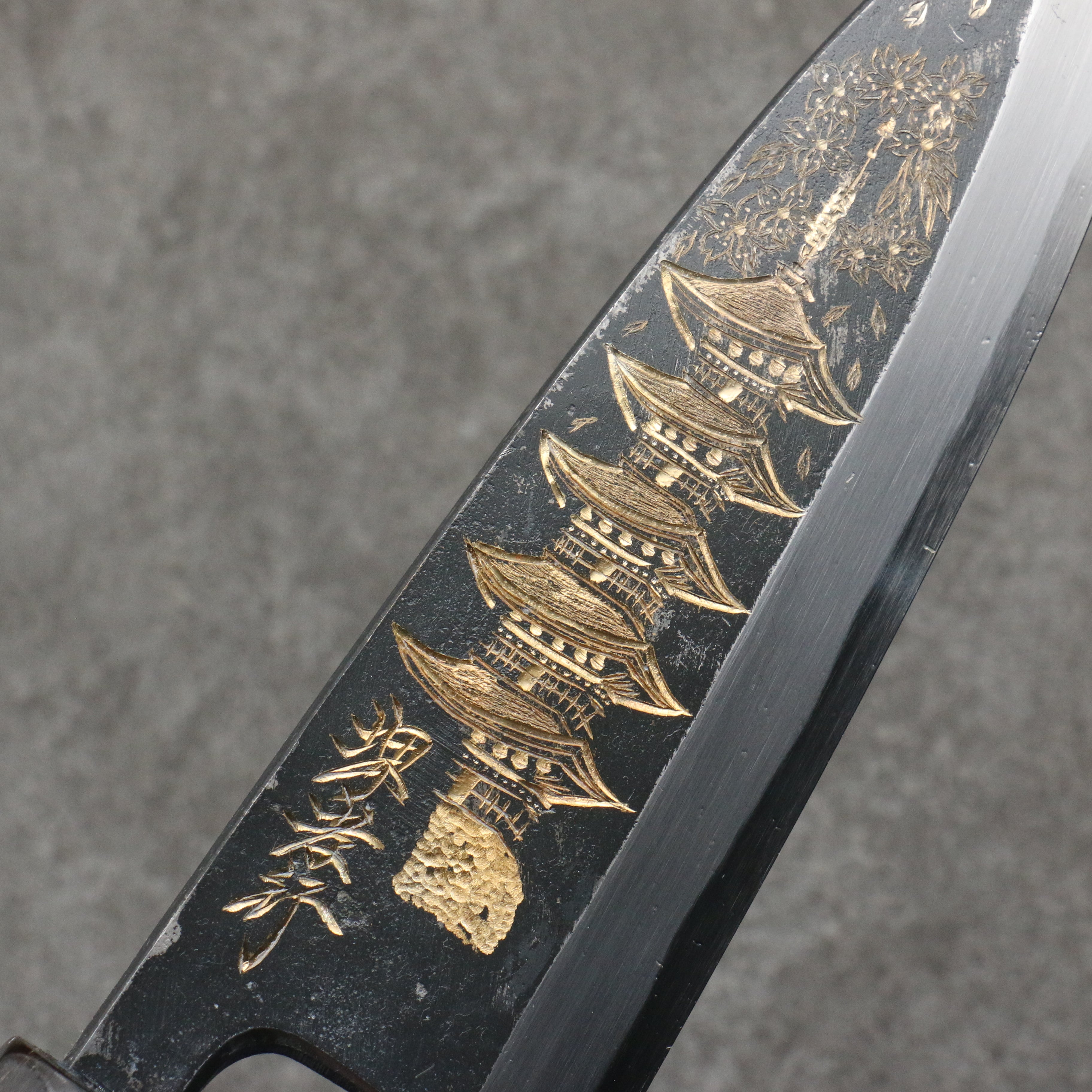 Sakai Takayuki Gold Filled Engraving by Kubota Gojunotou White Steel No.2 Black Finished Deba 165mm Ebony Wood Handle - Japanny - Best Japanese Knife