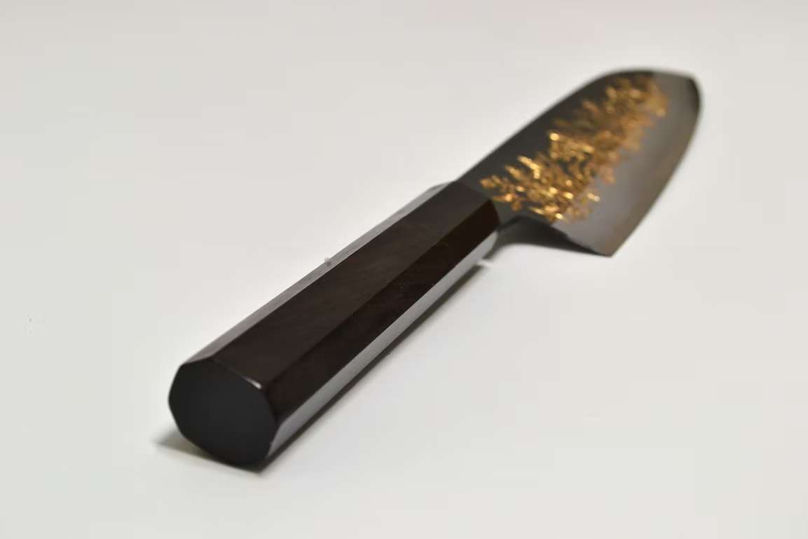 Sakai Takayuki Gold Filled Engraving by Kubota Flower garden White Steel No.2 Black Finished Santoku 180mm Ebony Wood (ferrule: Black Water Buffalo Horn And Silver Ring) Handle - Japanny - Best Japanese Knife