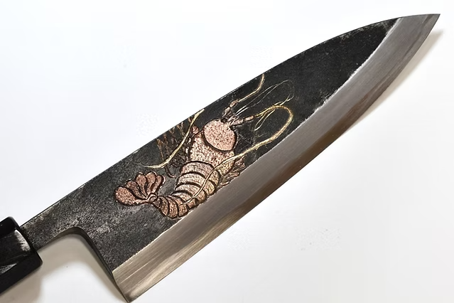 Sakai Takayuki Metal Decorated Engraving by Kubota Lobster White Steel No.2 Black Finished Deba 165mm Ebony Wood (ferrule: Black Water Buffalo Horn And Silver Ring) Handle - Japanny - Best Japanese Knife