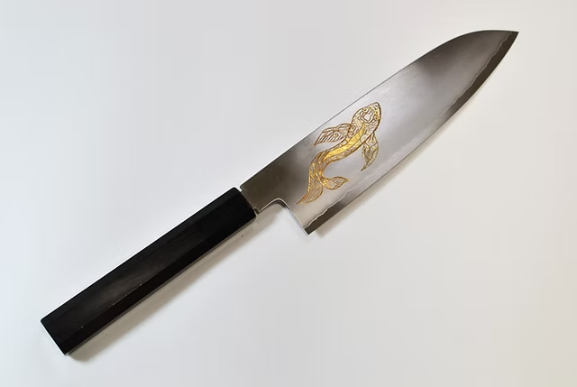 Sakai Takayuki Gold Filled Engraving by Kubota Goldfish Silver Steel No.3 Santoku 180mm Ebony Wood (ferrule: Black Water Buffalo Horn And Silver Ring) Handle - Japanny - Best Japanese Knife