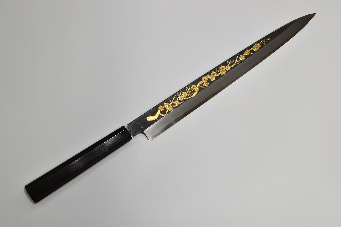 Sakai Takayuki Gold Filled Engraving by Kubota Plum White Steel No.2 Black Finished Yanagiba 270mm Ebony Wood (ferrule: Black Water Buffalo Horn And Silver Ring) Handle - Japanny - Best Japanese Knife