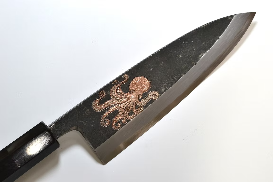 Sakai Takayuki Metal Decorated Engraving by Kubota Octopus White Steel No.2 Black Finished Deba 165mm Ebony Wood (ferrule: Black Water Buffalo Horn And Silver Ring) Handle - Japanny - Best Japanese Knife