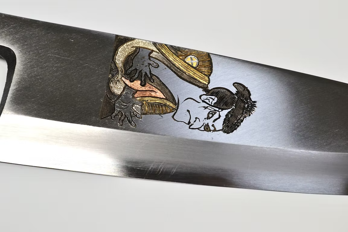 Sakai Takayuki Metal Decorated Engraving by Kubota Ukiyoe - Male White Steel Kasumitogi Deba 210mm Magnolia (Ferrule: Water Buffalo Horn) Handle - Japanny - Best Japanese Knife