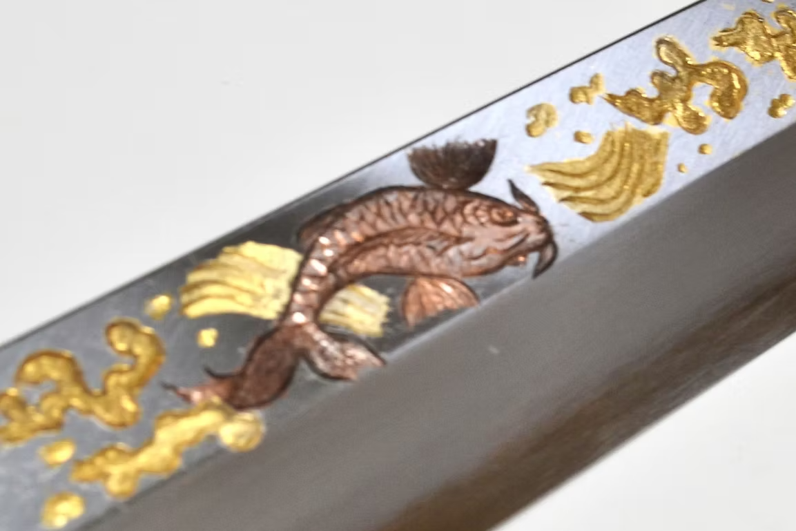 Sakai Takayuki Metal Decorated Engraving by Kubota Dance of Koi White Steel Kasumitogi Yanagiba 270mm Magnolia (Ferrule: Water Buffalo Horn) Handle - Japanny - Best Japanese Knife