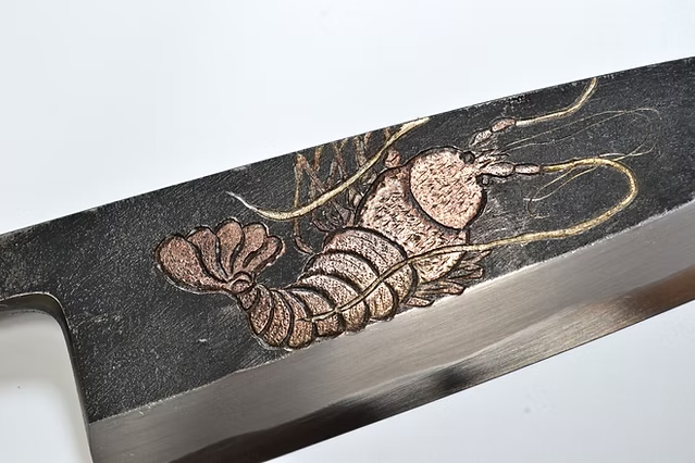Sakai Takayuki Metal Decorated Engraving by Kubota Lobster White Steel No.2 Black Finished Deba 165mm Ebony Wood (ferrule: Black Water Buffalo Horn And Silver Ring) Handle - Japanny - Best Japanese Knife