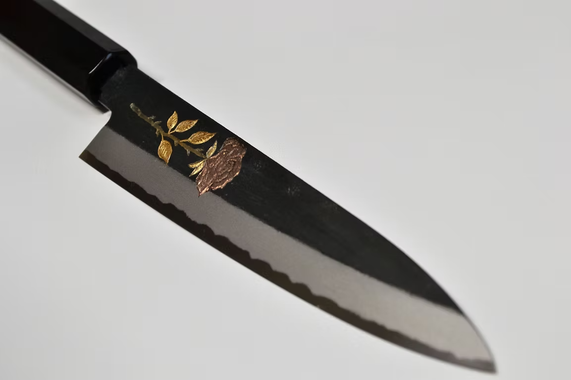 Sakai Takayuki Metal Decorated Engraving by Kubota Rose White Steel No.2 Black Finished Petty-Utility 150mm Ebony Wood (ferrule: Black Water Buffalo Horn And Silver Ring) Handle - Japanny - Best Japanese Knife