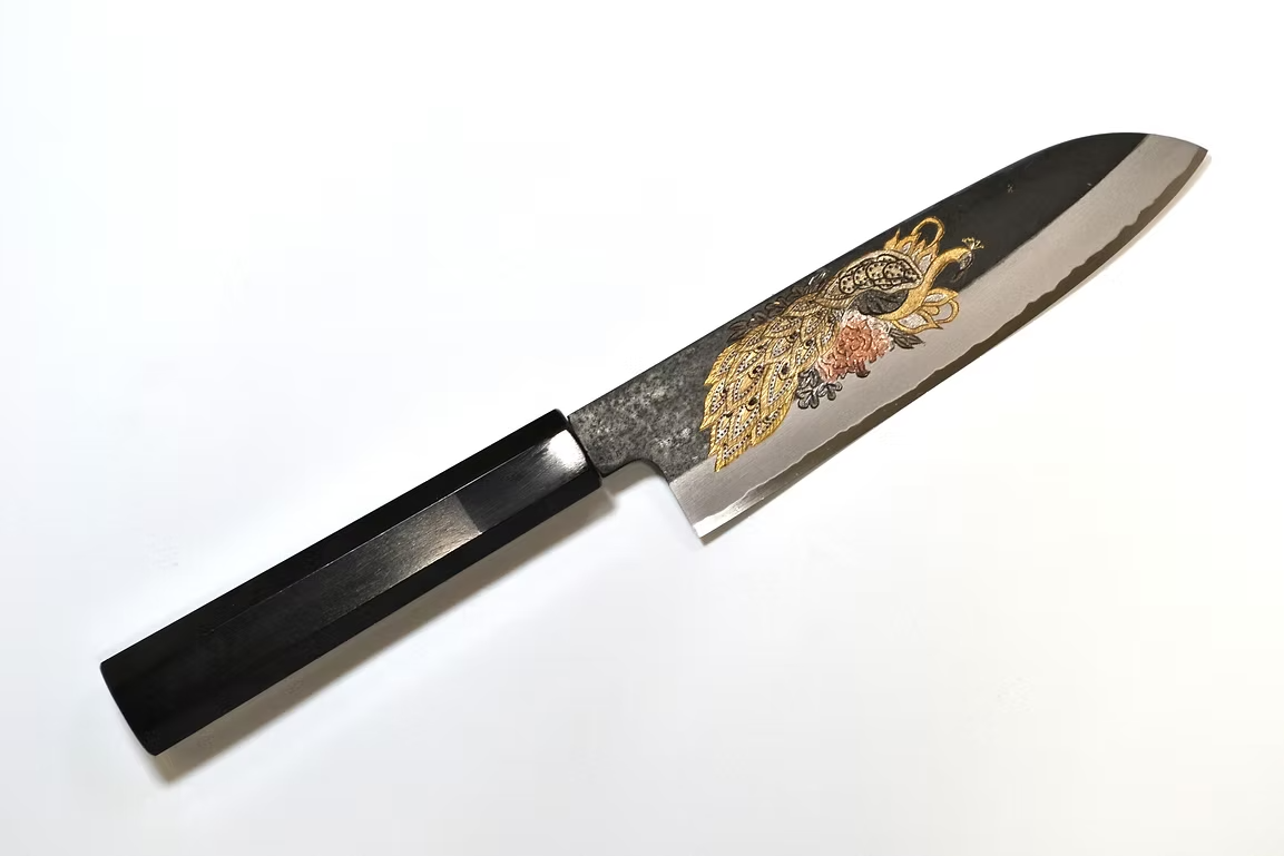Sakai Takayuki Metal Decorated Engraving by Kubota Peacock White Steel No.2 Black Finished Santoku 180mm Ebony Wood (ferrule: Black Water Buffalo Horn And Silver Ring) Handle - Japanny - Best Japanese Knife
