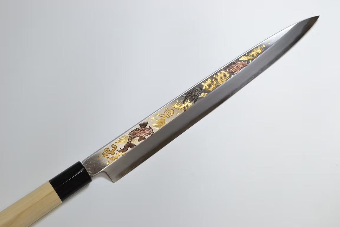 Sakai Takayuki Metal Decorated Engraving by Kubota Dance of Koi White Steel Kasumitogi Yanagiba 270mm Magnolia (Ferrule: Water Buffalo Horn) Handle - Japanny - Best Japanese Knife