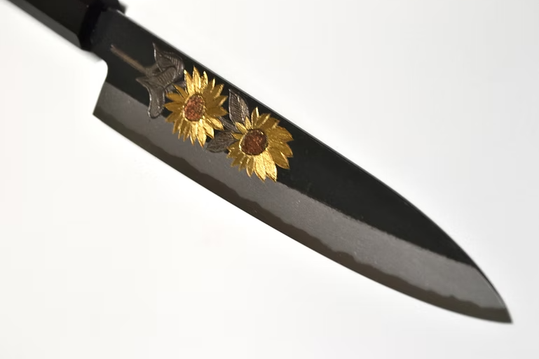 Sakai Takayuki Metal Decorated Engraving by Kubota Sunflower White Steel No.2 Black Finished Petty-Utility 150mm Ebony Wood (ferrule: Black Water Buffalo Horn And Silver Ring) Handle - Japanny - Best Japanese Knife