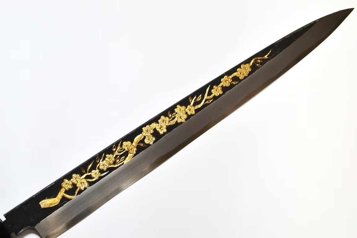Sakai Takayuki Gold Filled Engraving by Kubota Plum White Steel No.2 Black Finished Yanagiba 270mm Ebony Wood (ferrule: Black Water Buffalo Horn And Silver Ring) Handle - Japanny - Best Japanese Knife