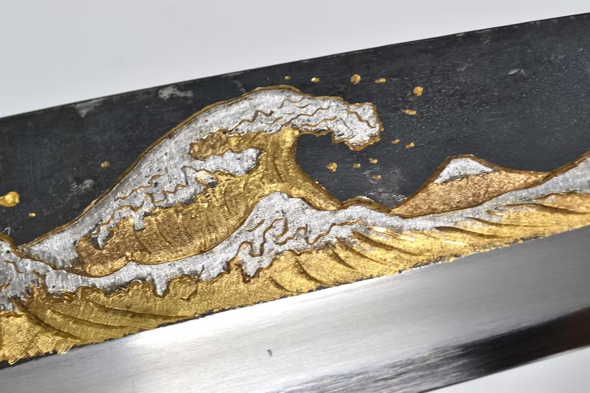 Sakai Takayuki Gold Filled Engraving by Kubota The Great Wave White Steel No.2 Black Finished Deba 240mm Ebony Wood (ferrule: Black Water Buffalo Horn And Silver Ring) Handle - Japanny - Best Japanese Knife