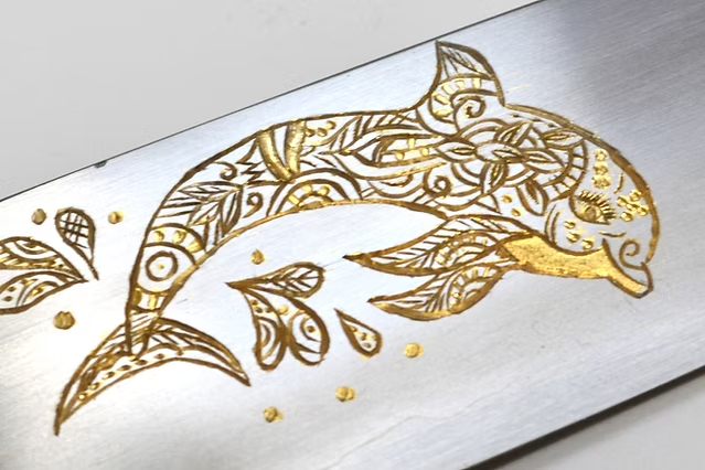 Sakai Takayuki Gold Filled Engraving by Kubota Dolphin Silver Steel No.3 Santoku 180mm Ebony Wood (ferrule: Black Water Buffalo Horn And Silver Ring) Handle - Japanny - Best Japanese Knife