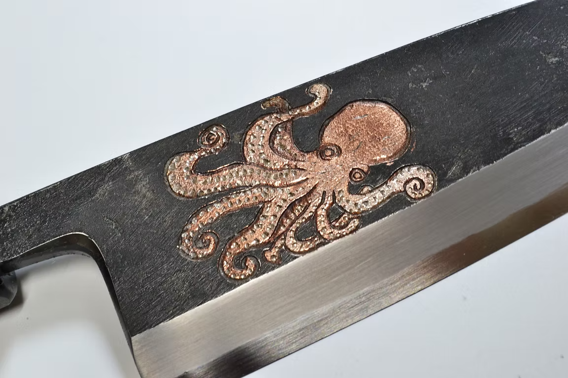Sakai Takayuki Metal Decorated Engraving by Kubota Octopus White Steel No.2 Black Finished Deba 165mm Ebony Wood (ferrule: Black Water Buffalo Horn And Silver Ring) Handle - Japanny - Best Japanese Knife