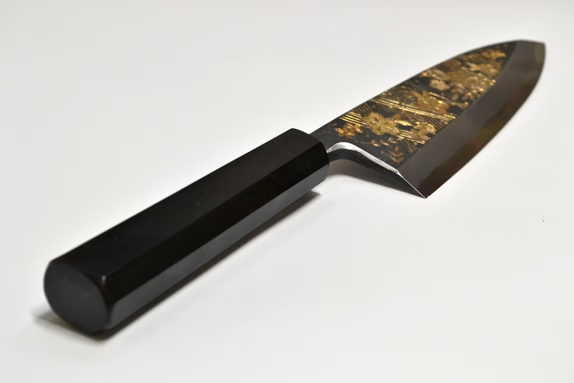 Sakai Takayuki Gold Filled Engraving by Kubota Karyū White Steel No.2 Black Finished Deba 165mm Ebony Wood (ferrule: Black Water Buffalo Horn And Silver Ring) Handle - Japanny - Best Japanese Knife
