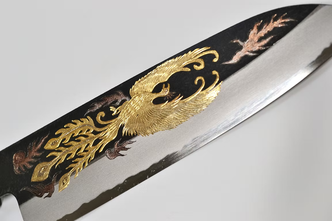 Sakai Takayuki Metal Decorated Engraving by Kubota Phoenix White Steel No.2 Black Finished Santoku 180mm Ebony Wood (ferrule: Black Water Buffalo Horn And Silver Ring) Handle - Japanny - Best Japanese Knife