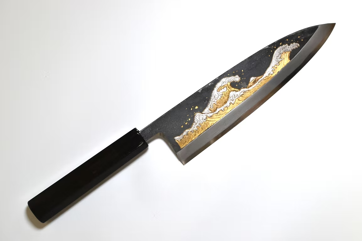 Sakai Takayuki Gold Filled Engraving by Kubota The Great Wave White Steel No.2 Black Finished Deba 240mm Ebony Wood (ferrule: Black Water Buffalo Horn And Silver Ring) Handle - Japanny - Best Japanese Knife