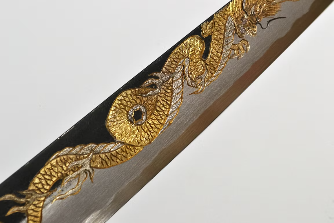 Sakai Takayuki Metal Decorated Engraving by Kubota Ten ryū White Steel No.2 Black Finished Sujihiki 240mm Ebony Wood (ferrule: Black Water Buffalo Horn And Silver Ring) Handle - Japanny - Best Japanese Knife