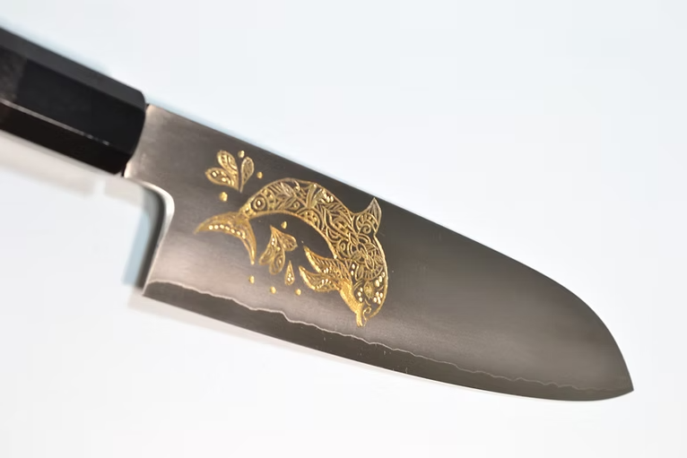Sakai Takayuki Gold Filled Engraving by Kubota Dolphin Silver Steel No.3 Santoku 180mm Ebony Wood (ferrule: Black Water Buffalo Horn And Silver Ring) Handle - Japanny - Best Japanese Knife