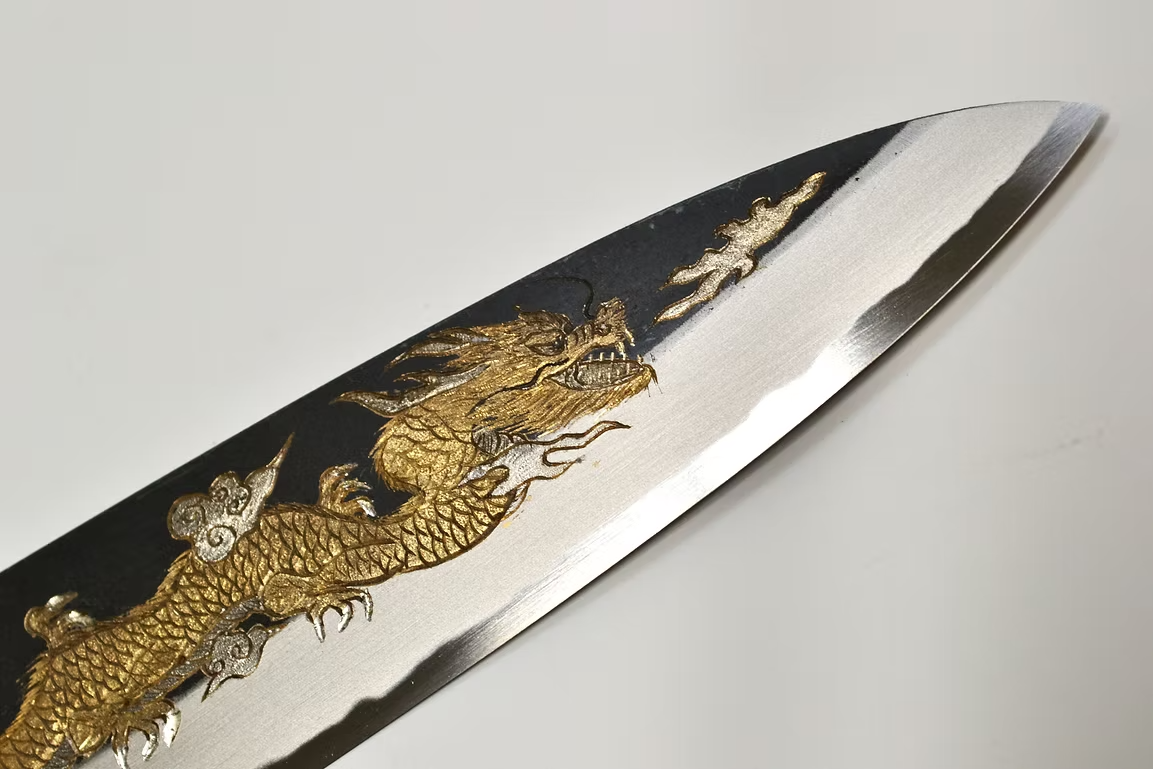 Sakai Takayuki Metal Decorated Engraving by Kubota Un ryū White Steel No.2 Black Finished Gyuto 240mm Ebony Wood (ferrule: Black Water Buffalo Horn And Silver Ring) Handle - Japanny - Best Japanese Knife