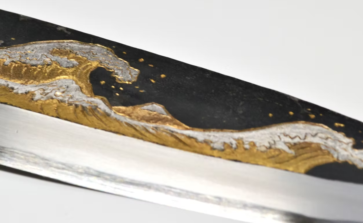 Sakai Takayuki Gold Filled Engraving by Kubota The Great Wave White Steel No.2 Black Finished Deba 240mm Ebony Wood (ferrule: Black Water Buffalo Horn And Silver Ring) Handle - Japanny - Best Japanese Knife