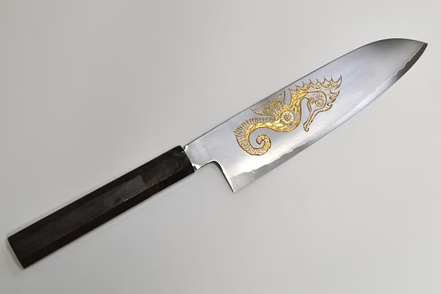 Sakai Takayuki Gold Filled Engraving by Kubota Seahorse Silver Steel No.3 Santoku 180mm Ebony Wood (ferrule: Black Water Buffalo Horn And Silver Ring) Handle - Japanny - Best Japanese Knife