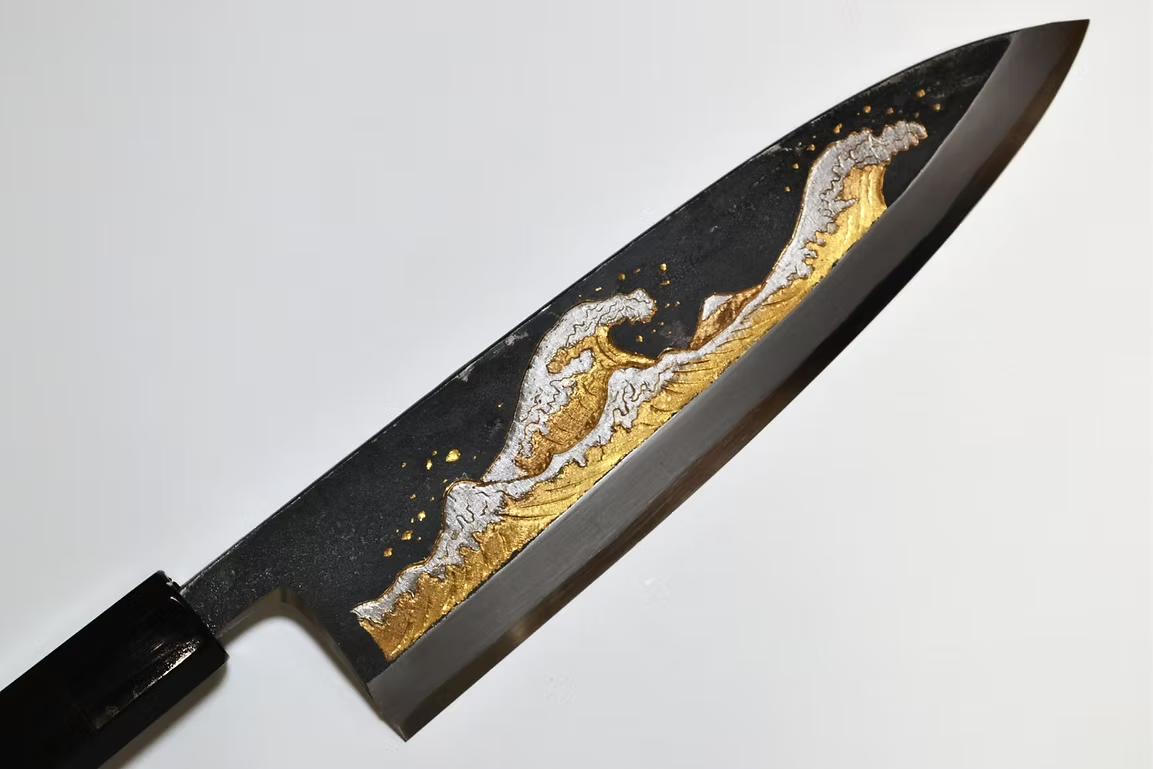 Sakai Takayuki Gold Filled Engraving by Kubota The Great Wave White Steel No.2 Black Finished Deba 240mm Ebony Wood (ferrule: Black Water Buffalo Horn And Silver Ring) Handle - Japanny - Best Japanese Knife