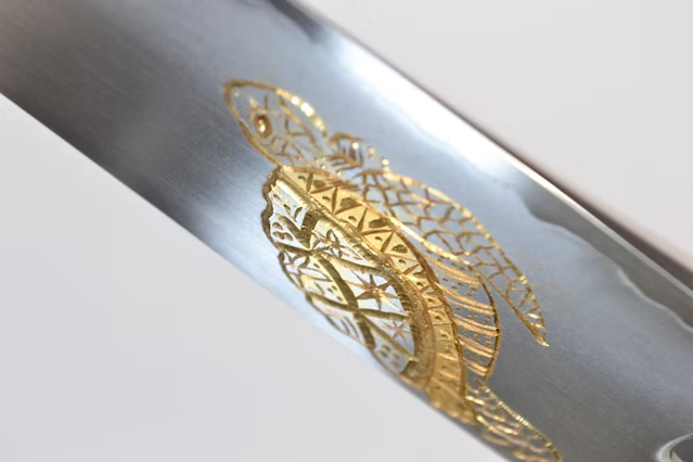 Sakai Takayuki Gold Filled Engraving by Kubota Turtle Silver Steel No.3 Santoku 180mm Ebony Wood (ferrule: Black Water Buffalo Horn And Silver Ring) Handle - Japanny - Best Japanese Knife