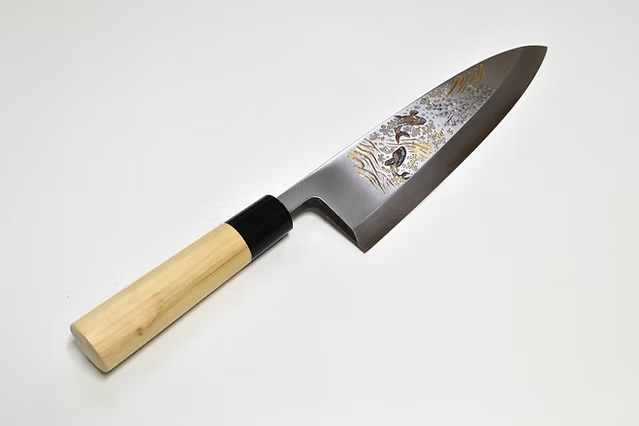 Sakai Takayuki Metal Decorated Engraving by Kubota Ascend of Koi White Steel Kasumitogi Deba 240mm Magnolia (Ferrule: Water Buffalo Horn) Handle - Japanny - Best Japanese Knife
