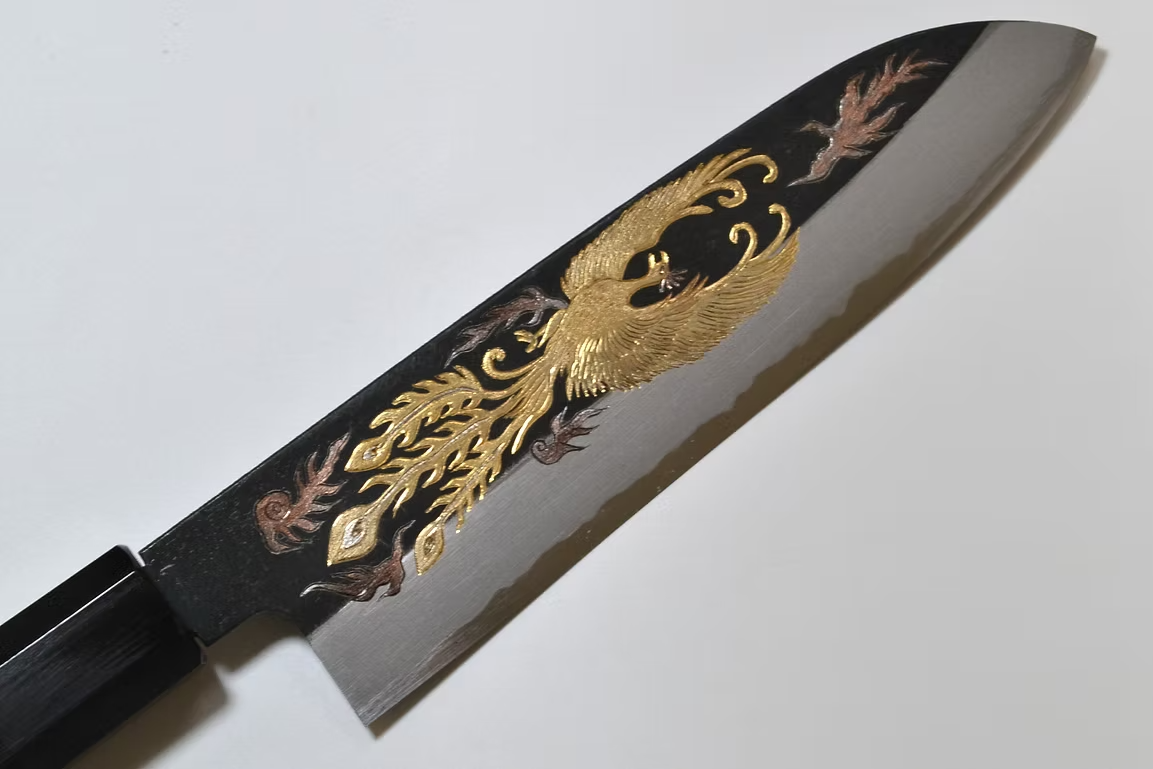 Sakai Takayuki Metal Decorated Engraving by Kubota Phoenix White Steel No.2 Black Finished Santoku 180mm Ebony Wood (ferrule: Black Water Buffalo Horn And Silver Ring) Handle - Japanny - Best Japanese Knife