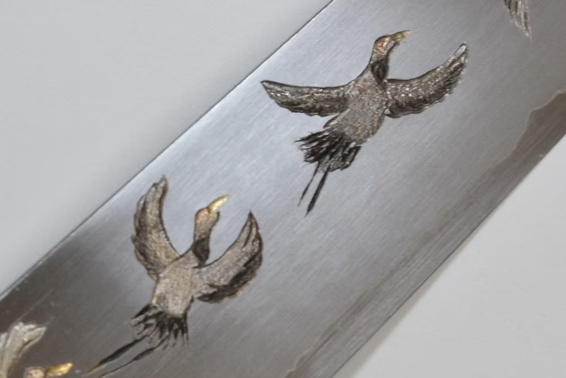Sakai Takayuki Metal Decorated Engraving by Kubota Flock of cranes Silver Steel No.3 Sujihiki 270mm Ebony Wood (ferrule: Black Water Buffalo Horn And Silver Ring) Handle - Japanny - Best Japanese Knife