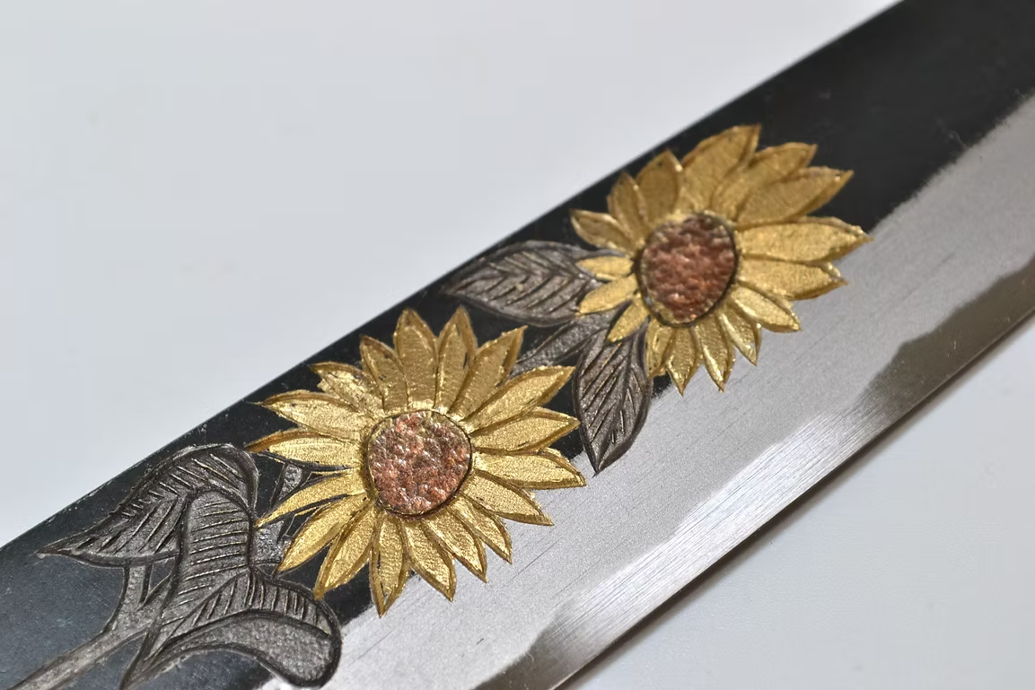 Sakai Takayuki Metal Decorated Engraving by Kubota Sunflower White Steel No.2 Black Finished Petty-Utility 150mm Ebony Wood (ferrule: Black Water Buffalo Horn And Silver Ring) Handle - Japanny - Best Japanese Knife