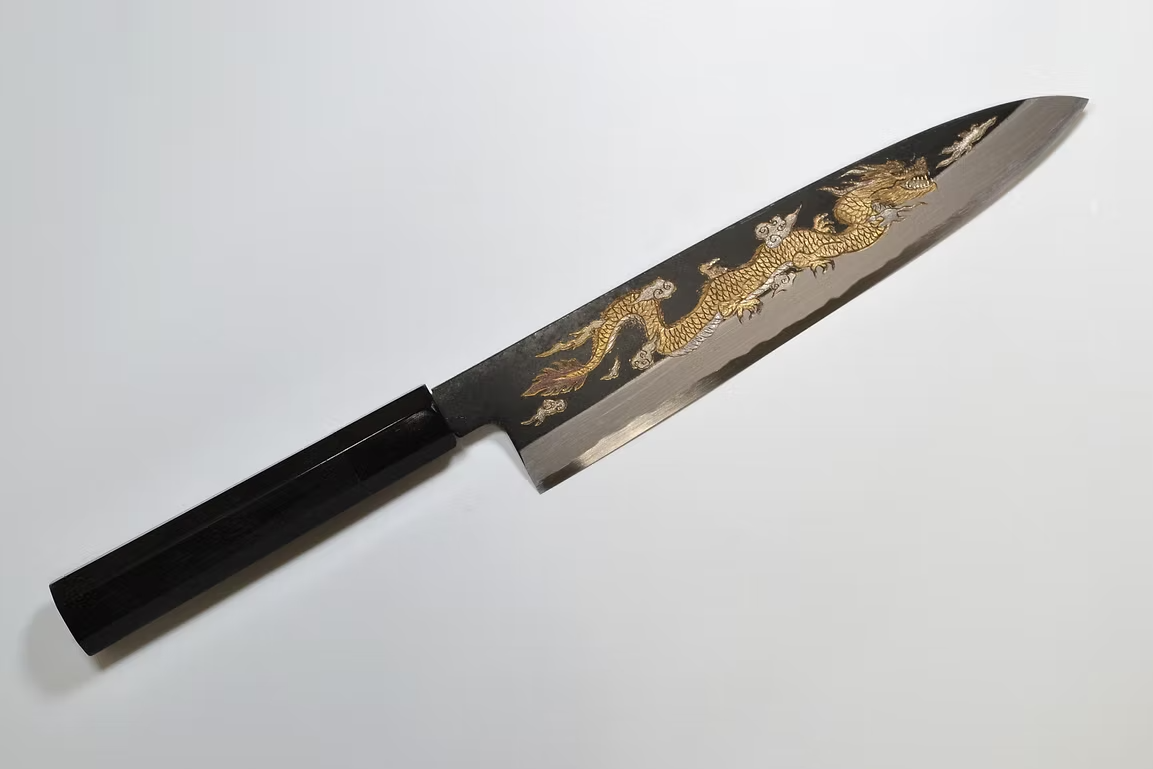 Sakai Takayuki Metal Decorated Engraving by Kubota Un ryū White Steel No.2 Black Finished Gyuto 240mm Ebony Wood (ferrule: Black Water Buffalo Horn And Silver Ring) Handle - Japanny - Best Japanese Knife