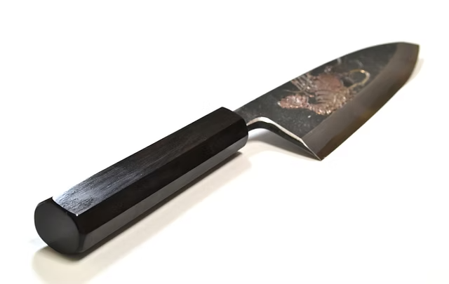 Sakai Takayuki Metal Decorated Engraving by Kubota Lobster White Steel No.2 Black Finished Deba 165mm Ebony Wood (ferrule: Black Water Buffalo Horn And Silver Ring) Handle - Japanny - Best Japanese Knife