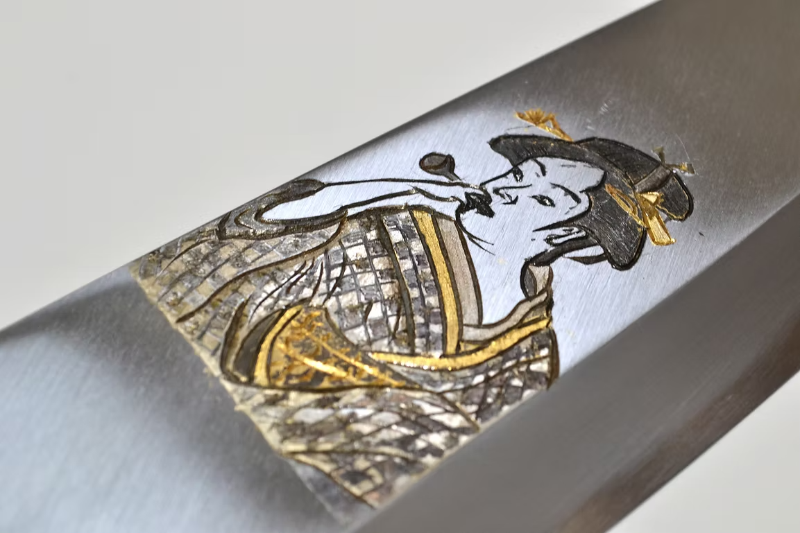 Sakai Takayuki Metal Decorated Engraving by Kubota Ukiyoe - Female White Steel Kasumitogi Deba 210mm Magnolia (Ferrule: Water Buffalo Horn) Handle - Japanny - Best Japanese Knife